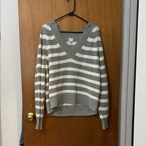 a new day V-Neck Sweater - Gray and White Stripes